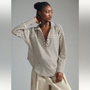 Pilcro Spliced Henley Top, ivory/black stripe, size medium